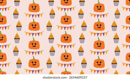 Seamless cute Halloween pattern with carved pumpkin, buntings and cakes on pastel pink background. Fun and festive flat cartoon design for autumn celebration, sweet party and spooky decor.