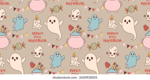Seamless Cute Halloween Pattern with Ghosts, Skulls, Cauldrons, and Candy. Perfect for kids’ Halloween decorations, party designs, and seasonal textile prints
