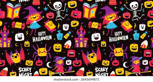 Seamless Cute Halloween pattern with witches, pumpkin, black cat, bat and lettering Happy Halloween and Scary Night. Flat doodle style kids, parties, wrapping paper, greeting card. Vector Illustration