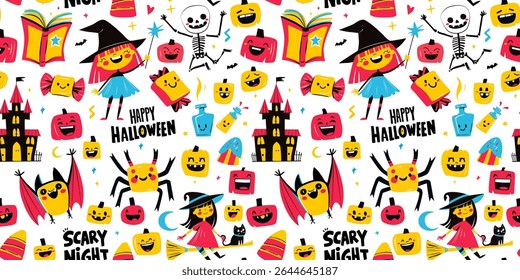 Seamless Cute Halloween pattern with witches, pumpkin, black cat, bat and lettering Happy Halloween and Scary Night. Flat doodle style kids, parties, wrapping paper, greeting card. Vector Illustration