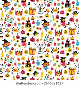 Seamless Cute Halloween pattern with witches, pumpkins, black cat, bat and magic. Colorful flat doodle style kids, parties, wrapping paper, greeting card, and seasonal decorations. Vector Illustration