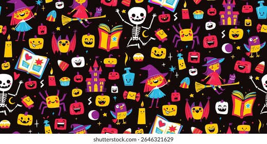 Seamless Cute Halloween pattern with witches, pumpkins, black cat, bat and magic. Colorful flat doodle style kids, parties, wrapping paper, greeting card, and seasonal decorations. Vector Illustration