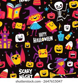 Seamless Cute Halloween pattern with witches, pumpkin, black cat, bat and lettering Happy Halloween and Scary Night. Flat doodle style kids, parties, wrapping paper, greeting card. Vector Illustration