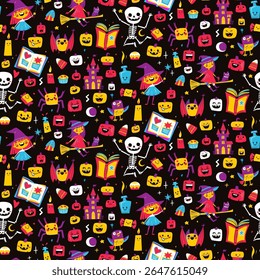 Seamless Cute Halloween pattern with witches, pumpkins, black cat, bat and magic. Colorful flat doodle style kids, parties, wrapping paper, greeting card, and seasonal decorations. Vector Illustration
