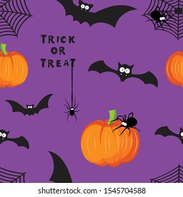 Seamless cute halloween vector pattern with bats, spiders and pumpkins.  