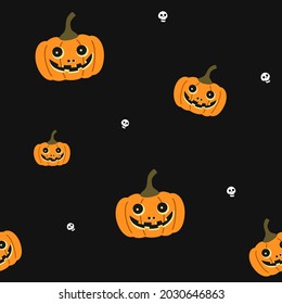 
Seamless cute Hallowen pattern of craft pumpkins and white skull on black background flat vector illustration. Spooky wallpaper, textile, texture, fabric. Happy Halloween.
