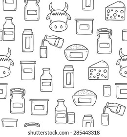 Seamless cute hand drawn background with outline products containing lactose: milk bottle, glass, cheese, cottage, cream, yogurt, cow. You can use it for your fresh milk design and lactose intolerance