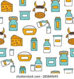 Seamless cute hand drawn background with outline products containing lactose: milk bottle, glass, cheese, cottage, cream, yogurt, cow. You can use it for your fresh milk design and lactose intolerance