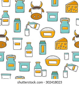 Seamless cute hand drawn background with outline products containing lactose: milk bottle, glass, cheese, cottage, cream, yogurt, cow. You can use it for your fresh food, lactose intolerance, vegan