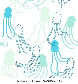 Seamless cute hand drawn pattern: colorful swimming squids. Vector illustration for fabric.