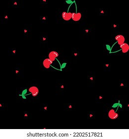 seamless cute hand drawn red cherries and red hearts pattern in black background  