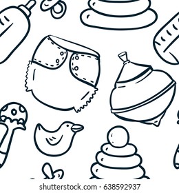 Seamless cute hand-draw contour pattern with toy whirligig, rattle, panties, rubber duck, diaper, nipple, bottle, toy pyramid in cartoon style on white background. Vector children illustration.