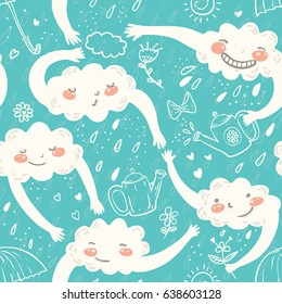 Seamless cute hand-drawn pattern with clouds, watering can,flowers, bow, hearts and rainy dots in cartoon style on blue background. Vector children illustration.
