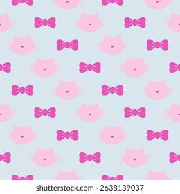 Seamless cute head cat and bow pattern. Pattern for textiles in hand-drawn animal style for fabric, wrapping, textile, wallpaper, apparel, card, and stationery.