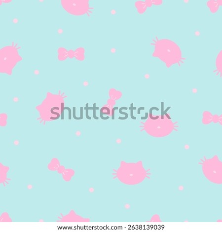 Seamless cute head cat and bow pattern. Pattern for textiles in hand-drawn animal style for fabric, wrapping, textile, wallpaper, apparel, card, and stationery.