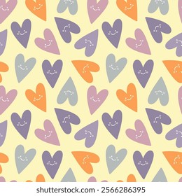 Seamless Cute Heart Pattern with Smile Faces in Warm Pastel Colors