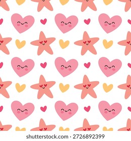 Coração bonito e sem emenda padrão de estrela no estilo Kawaii