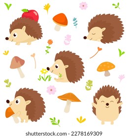 seamless cute hedgehog animal pattern vector flat cartoon illustration