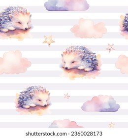 Seamless cute hedgehog animal pattern. Watercolor hedgehog vector background in pastel colors