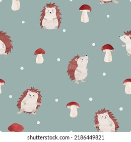 Seamless cute hedgehogs and mushrooms pattern.
