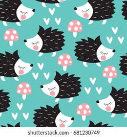 seamless cute hedgehogs with mushrooms pattern vector illustrations