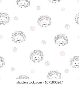 Seamless cute hedgehogs pattern. Baby print. Vector childish background.