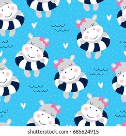 seamless cute hippo girl on the beach pattern vector illustration