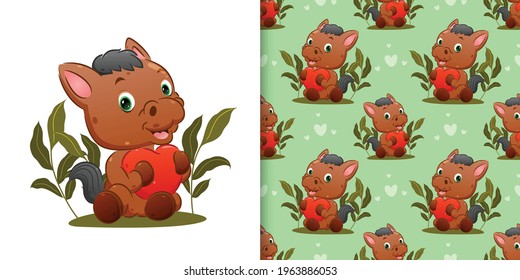 The seamless of the cute horse is sitting on the park with holding the heart of illustration