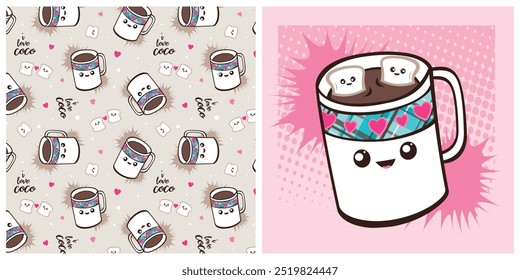 Seamless cute hot chocolate character pattern. Repeating vector print with cups of hot cocoa with marshmallows, text and hearts on a beige background. Apparel textile pattern. Hand drawn illustration.