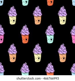 Seamless cute ice cream cup pattern, hand-drawn colorful summer food vector, doodle ice-cream background, for cards, invitations, food design, EPS 8