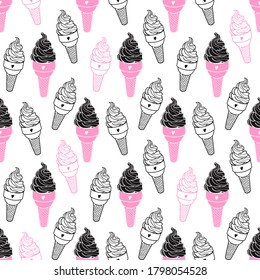 Seamless cute ice cream pattern. Hand-drawn colorful summer food vector. Doodle sundae ice-cream on white background for kitchen, restaurant and food design. EPS 8