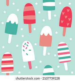 The seamless cute ice cream pattern in a girl or baby fashion, Fresh and juicy colorful strawberry fruit in summer. Vector illustration set.
