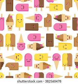 Seamless Cute Ice Cream and Popsicle Pattern in Kawaii Style
