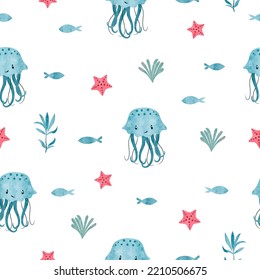 Seamless cute jellyfish pattern. Vector watercolor sea illustration. Marine baby print.