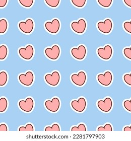 Seamless cute kawaii pattern of pink hearts on blue background