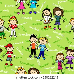 Seamless cute kid cartoon characters pattern with friendship related text in various languages