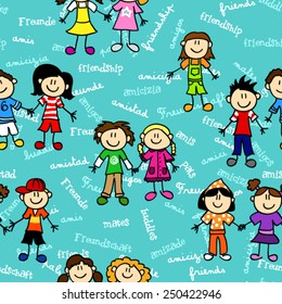 Seamless cute kid cartoon characters pattern with friendship related text in various languages