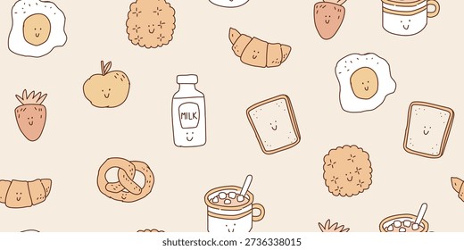 Seamless cute kids food pattern in warm beige tones