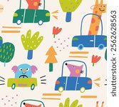 seamless cute  kids pattern with funny cute animals on a road in the cars, trendy colors. For wallpaper, textile