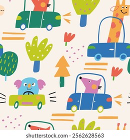 seamless cute  kids pattern with funny cute animals on a road in the cars, trendy colors. For wallpaper, textile