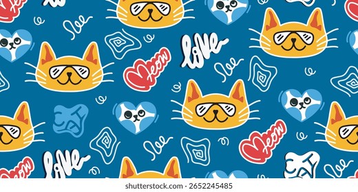 Sem emenda fundo bonito gatinho. Padrão de gato. Cabeça de gatinho amarelo liso usando óculos. Padrão de tecido de gato bonito, desenhos animados pet face vetor fundo.