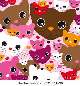 Seamless cute kitten cat background pattern in vector