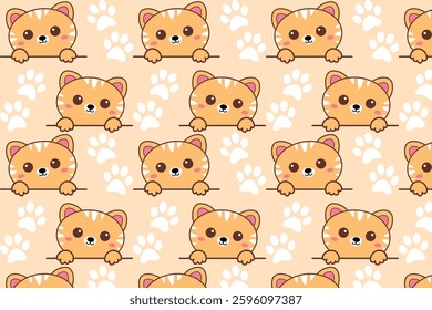 Seamless cute kitten pattern with adorable orange tabby cats and white paw prints on a warm beige background. Perfect for kids' textiles, wallpapers, and pet-themed designs.