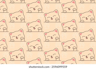 Seamless cute kitten pattern with minimalistic line art and soft beige tones. Adorable smiling cats with subtle paw prints, perfect for baby textiles, wallpapers, and packaging.