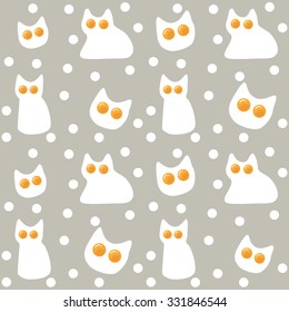 Seamless cute kitty cat head fried eggs breakfast pattern. Funny children breakfast pattern