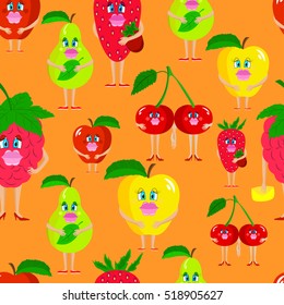 Seamless cute lady fruits. Seamless cool cartoon fruits on orange background.