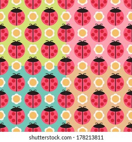 Seamless cute ladybird cartoon pattern. Repeated ladybug summer vector illustration