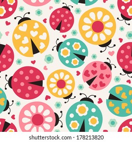 Seamless cute ladybird cartoon pattern. Repeated ladybug summer vector illustration