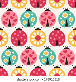 Seamless Cute Ladybird Cartoon Pattern. Repeated Ladybug Summer Vector Illustration