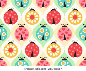 Seamless cute ladybird cartoon pattern. Repeated ladybug summer vector illustration